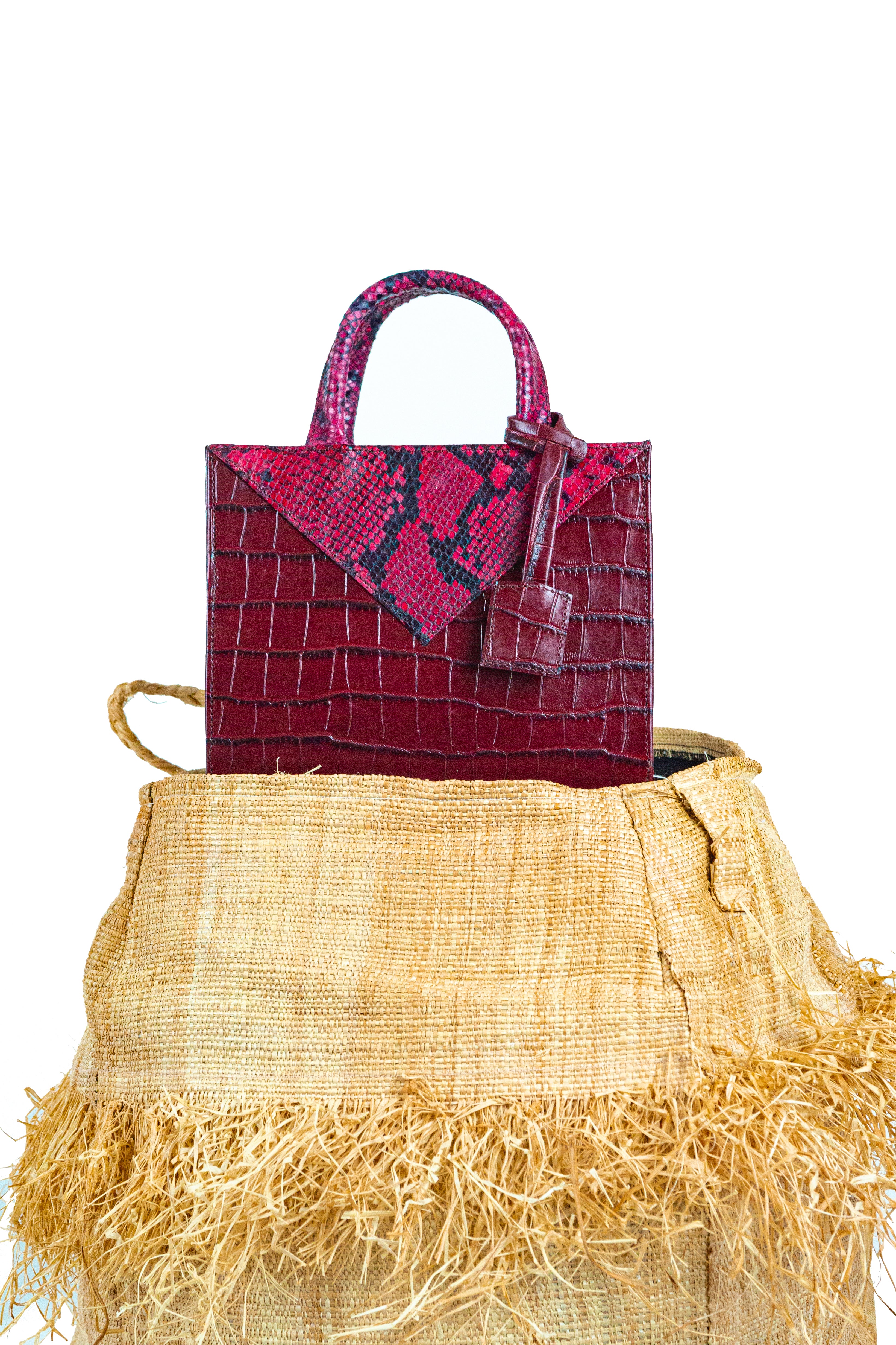Mini Red Snakeskin + Croc Embossed Leather Zelda Tote