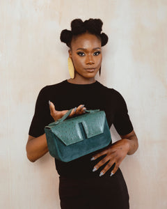 Long Split Flap Ostrich Print + Suede Leather Handbag