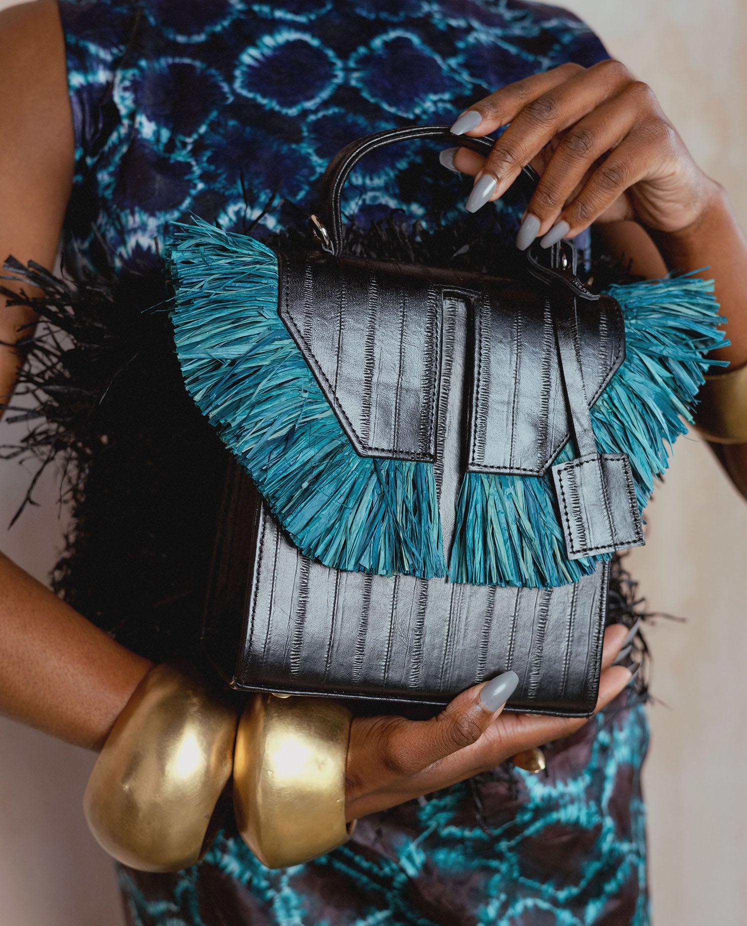 The Toks Raffia Handbag - Black and Blue