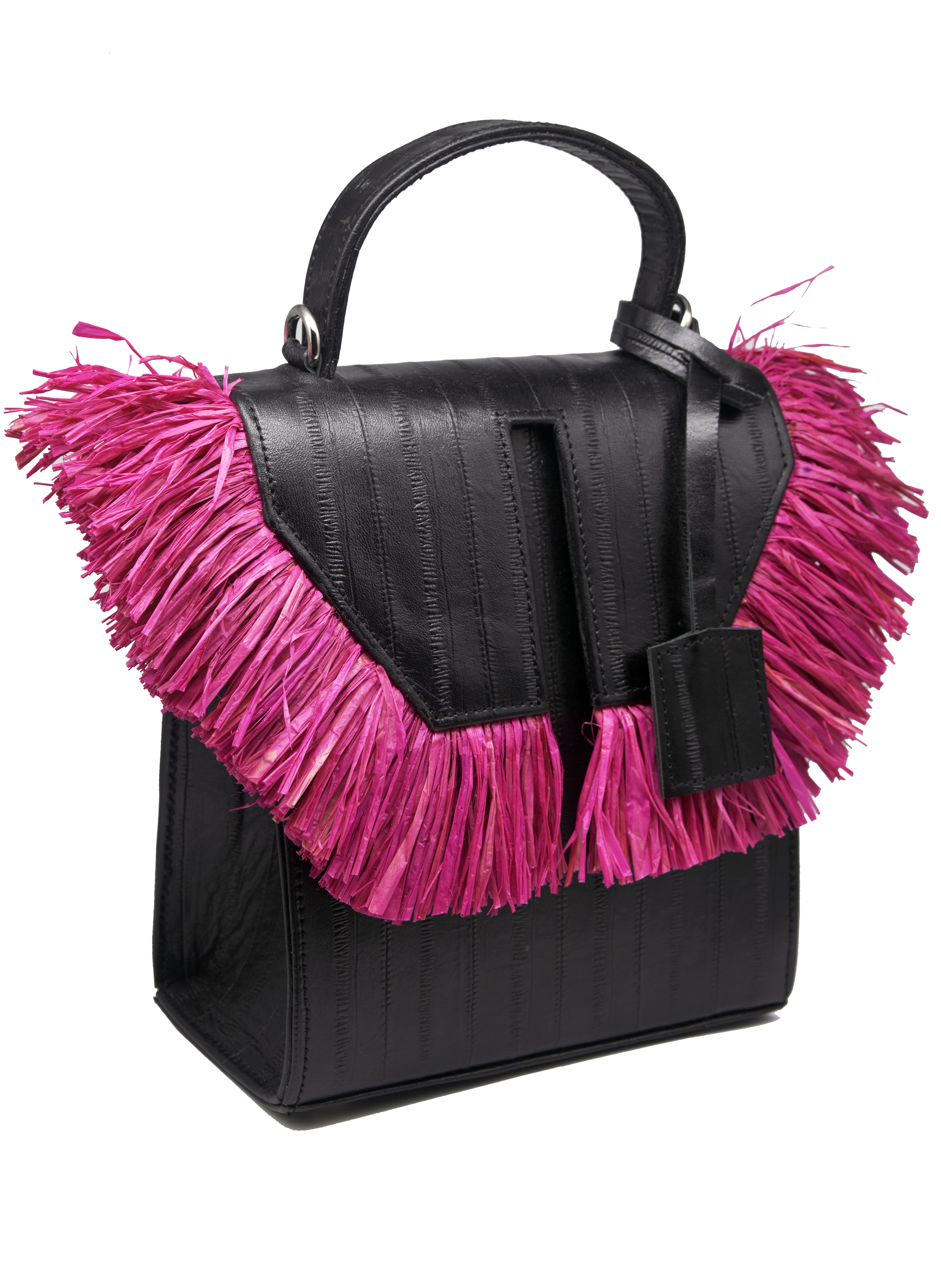 The Toks Raffia Handbag - Black and Pink