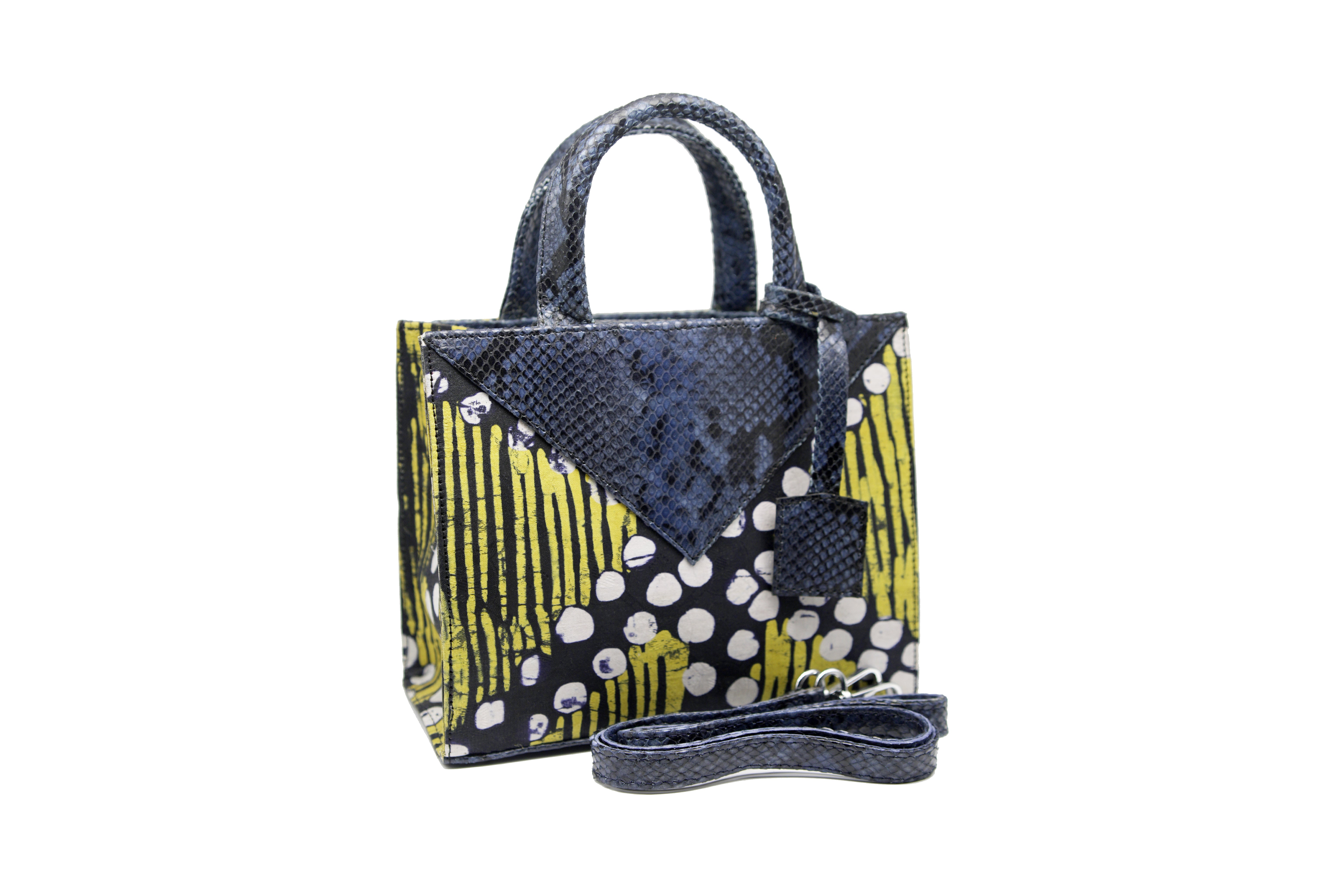 Mini Snakeskin Leather + Adire Zelda Tote