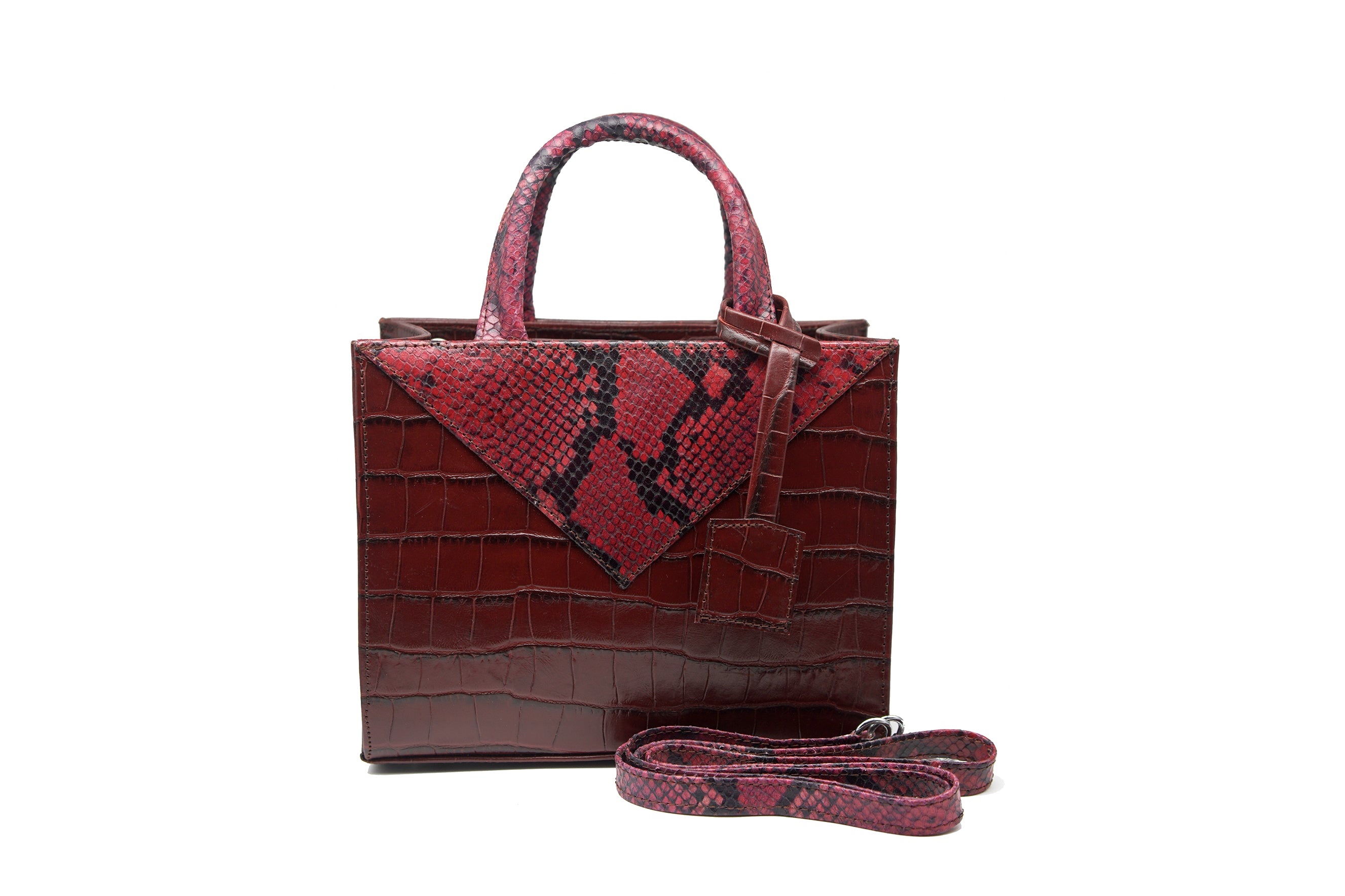 Mini Red Snakeskin + Croc Embossed Leather Zelda Tote