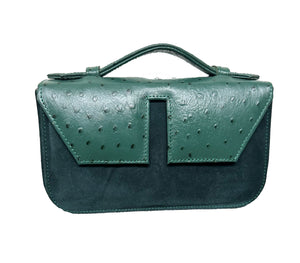 Long Split Flap Ostrich Print + Suede Leather Handbag