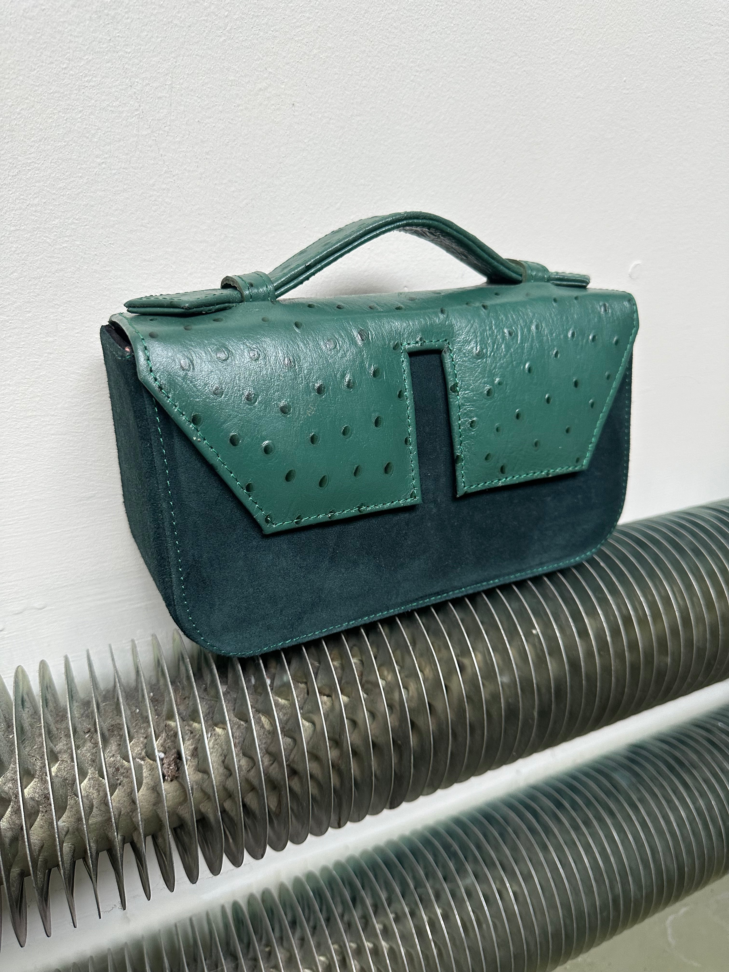 Long Split Flap Ostrich Print + Suede Leather Handbag